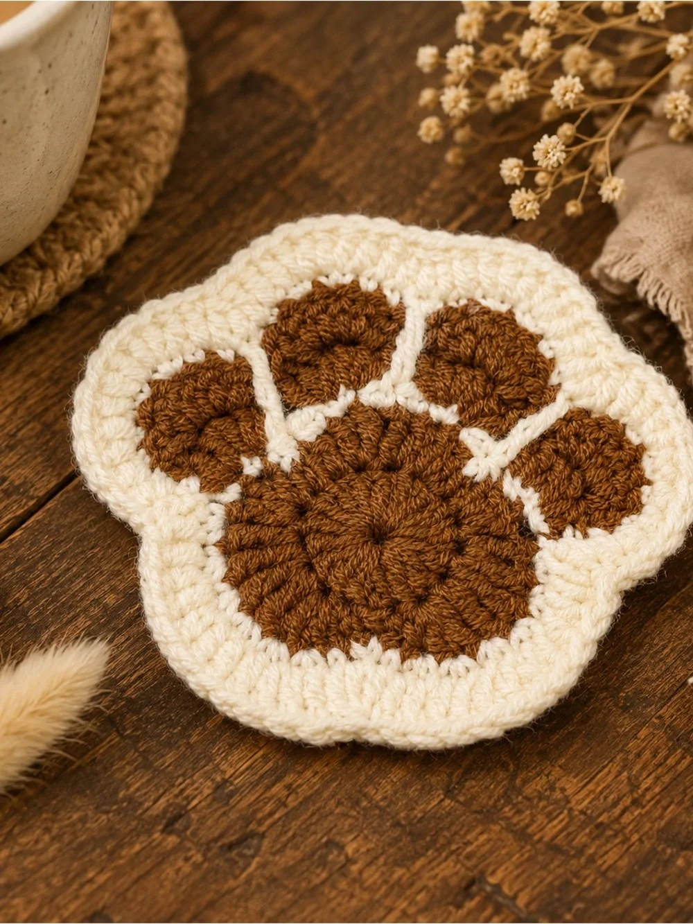 Brown & Cream Crochet Paw Print Coaster – New